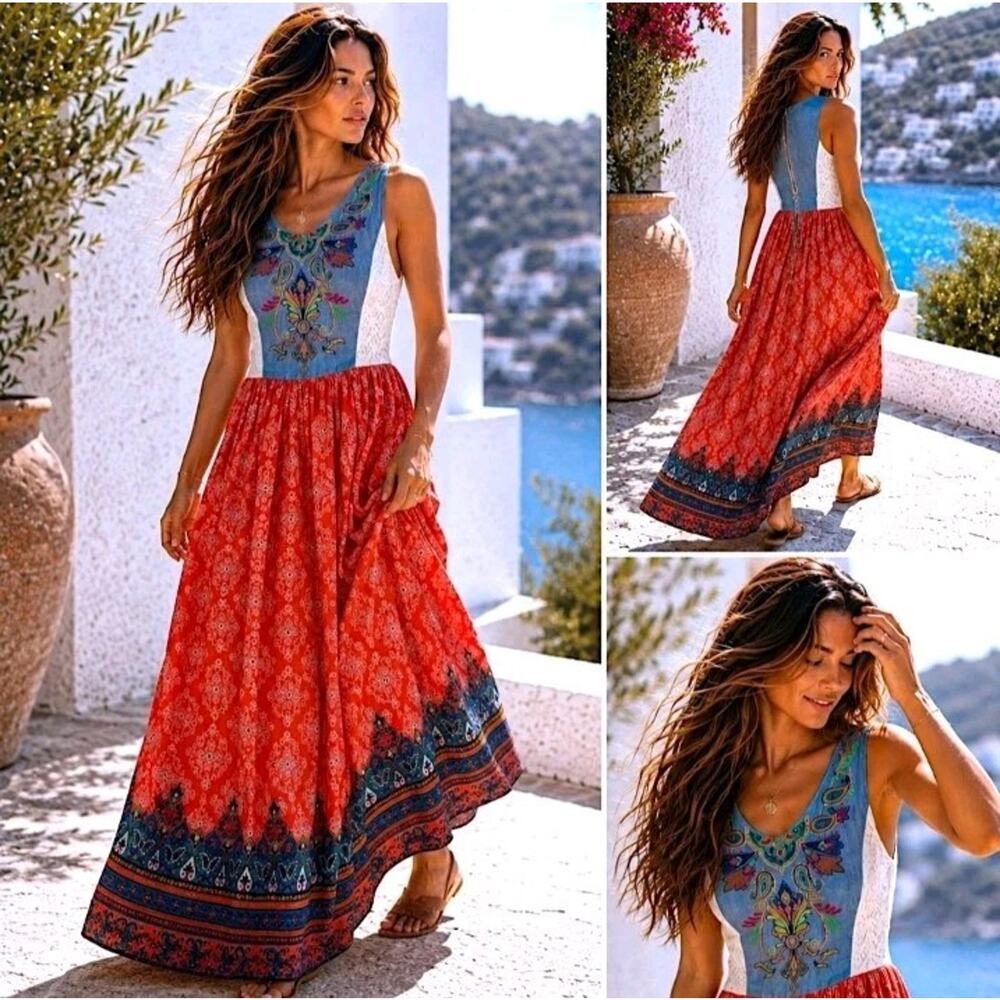 Coastal L Boho Maxi Euro Summer Dress Embroidered Paisley Border Southwestern